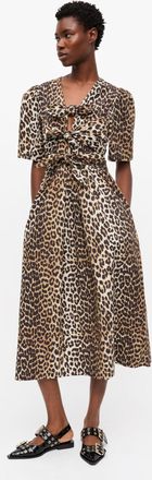 Ganni Leopard Printed Cotton Tie Strap Midi Dress Size 10 Womens