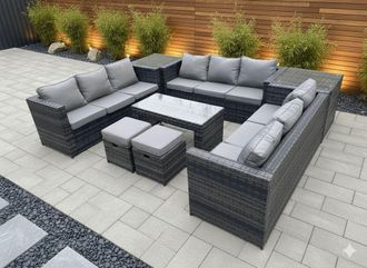 Fimous Outdoor Rattan Garden Furniture Lounge Sofa Set With Oblong Rectagular Coffee Table 2 Stools in Dark Grey