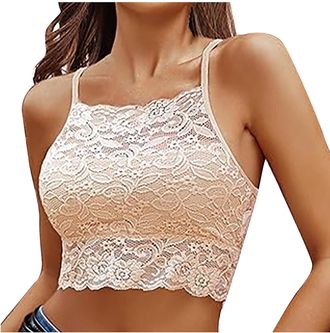 Generic Lace Bralette for Women Y2K High Neck Camisoles Racerback Double-Layered Crop Top Ladies Spaghetti Strap Tank Top Beige
