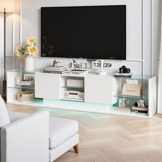 OEM Mueble De Tv 200 Cm - Led Rgb - 2 Cajones - Sin Manija - Vidrio Templado Y Madera - Sal&oacute;n - 200 X 35 X 45 Cm - Blanco