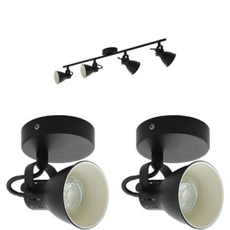 Loops Quad Ceiling Spot Light & 2x Matching Wall Lights Matt Black Adjustable Shade