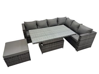 Fimous 7 Seater Rattan Corner Sofa Sets with Big Footstool Dark Grey Mixed