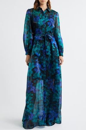 Julia Jordan Floral Print Long Sleeve Shirtdress in Blue Multi at Nordstrom Rack, Size 10
