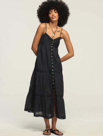 Lucky Brand Womens Embroidered Tiered Button Through Midi Dress