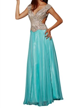 Angela & Alison Chiffon Prom Dress In Aqua