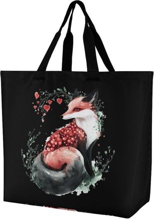 Generic Watercolor Fox Reusable Shopping Bags One Shoulder Grocery Tote Bag Waterproof Big Purse for Work Travel