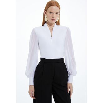 Karen Millen Zip Detail Chiffon Sleeve Knit Top in Ivory at Nordstrom, Size Medium