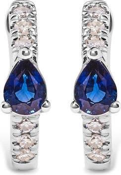 House of Brilliance 10K White Gold Pear Shaped Blue Sapphire and 1/10 Ct Diamond Huggy Hoop Earrings at Nordstrom