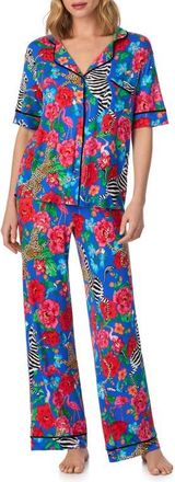 Room Service PJs Contrast Piping Pajamas in Blue Floral at Nordstrom, Size X-Large