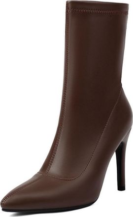 Generic Womens Elegant Ankle Boots with Shiny Metallic Finish Pointed Toe Stiletto Heel Elastic Sock Fit and Side Zipper for Party Nights,Brown,8.5 UK