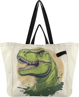 Generic Green Dinosaur print Reusable Canvas Tote Bag, Heavy Duty Grocery Shopping Bag with Hard Bottom Large Capacity Double Handles Work Groceries Travel