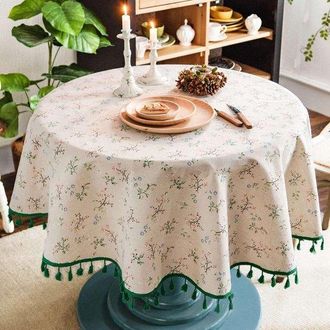 OEM Mantel Redondo Con Borlas Estampadas - Mantel Decorativo - Ideal Para Mesas De Comedor, Salones Y Picnics (beige) - Algod&oacute;n Y Lino (150 Cm)