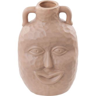 Beliani Florero De Porcelana Beige Arena 26 Cm Hecho A Mano Patr&oacute;n De Cara Sonriente Veria