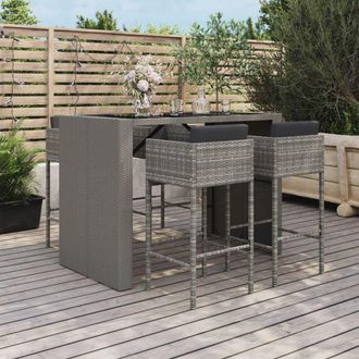 vidaXL Mesa Y Taburetes Altos Jard&iacute;n 5 Piezas Y Cojines Rat&aacute;n Pe Gris Vidaxl