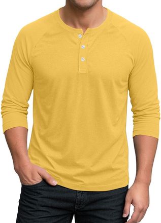 Generic Henley Shirt Men Long Sleeve Shirts for Adult T Lightweight Button Patchwork Golf Regular Fit Grandad 3/4 White Short Mens (Yellow, L)