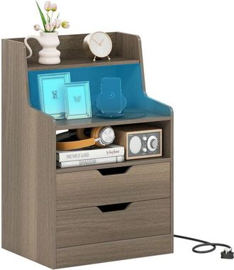 Costway LED Nightstand with Charging Station 2-Drawer Bedside Table-Grey