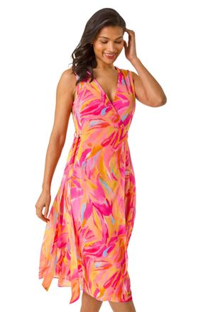 Roman Womens Floral Print Wrap Chiffon Midi Dress - Pink - Size 10 UK