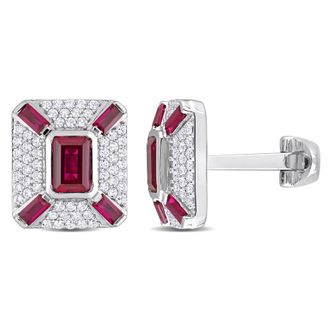 Amour 5-1/4CT TGW Octagon and Baguette-cut Created Ruby and Created White Sapphire Cufflinks In Sterling Silver