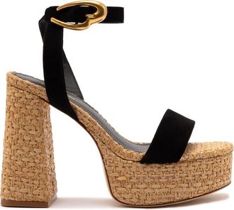 Larroude Dolly Verona Sandal in Black Suede And Natural Raffia at Nordstrom, Size 9.5