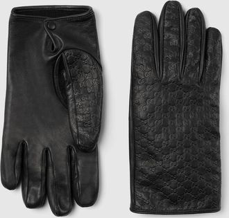 Gucci Embossed GG Leather Gloves, Size 10.5, Black, Leather