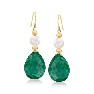 Ross-Simons Cultured Pearl and Emerald Drop Earrings in 14kt Yellow Gold