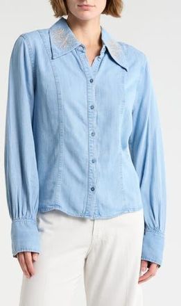 Democracy Embroidered Chambray Button-Up Shirt in Light Blue at Nordstrom Rack, Size X-Large