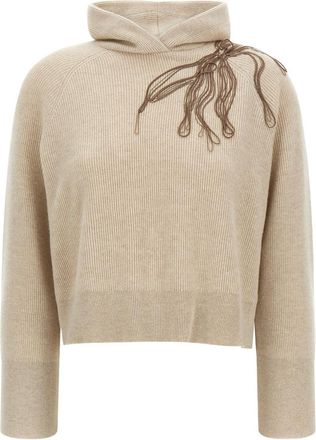 Brunello Cucinelli Beige Shiny Flower Embroidery sweater