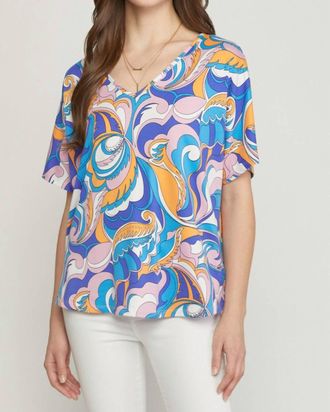 Entro Abstract V-Neck Top In Blue