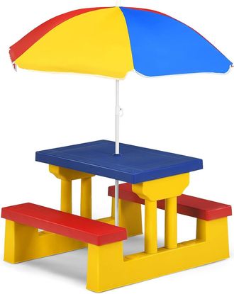 Costway Costway Conjunto De Mueble De Jard&iacute;n Para Ni&ntilde;os Plegable Mesa Y Banco De Picnic Con Parasol Para Infantil Juguete (amarillo Y Azul)