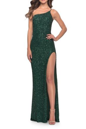La Femme Elegant Soft Sequin One Shoulder Long Dress in Jewel Tones in Emerald at Nordstrom, Size 10