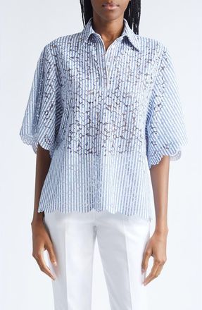 Michael Kors Stripe Floral Lace Shirt in Lake/optic White at Nordstrom, Size X-Small