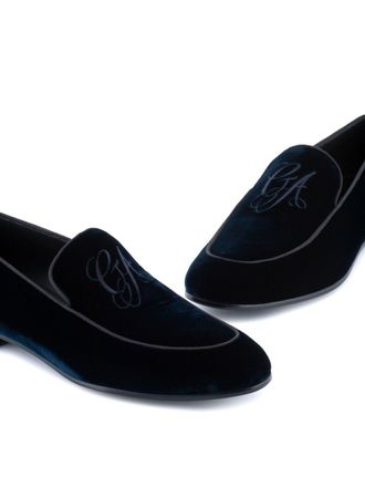 Giorgio Armani Embroidered Logo Velvet Loafers - Navy
