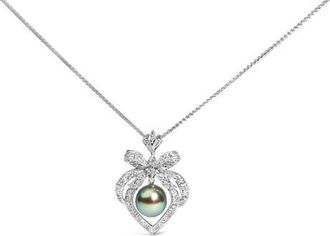 House of Brilliance 18K 3/4 Cttw Diamond Cultured Black Tahitian Pearl Heart Pendant Necklace in White at Nordstrom