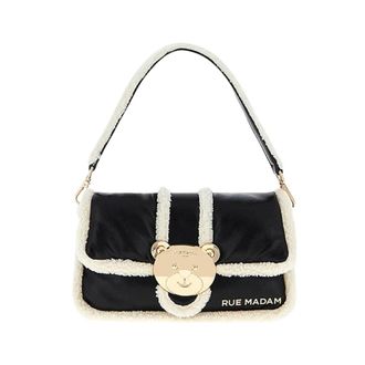 Rue Madam Zwarte vegan leren schoudertas met teddybeer sluiting - Dames - Handtassen - Zwart - ONE Size - Katoen - Tassen