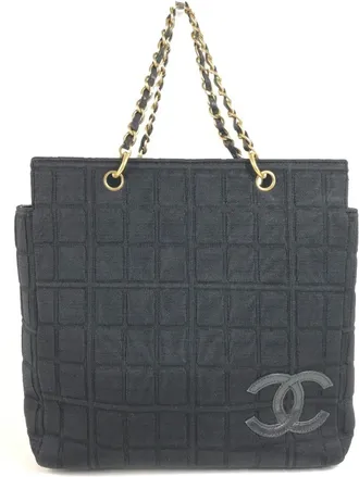 Chanel Chocolate Bar Black Cotton Leather Shoulder Bag Tote Bag (Pre-Owned)