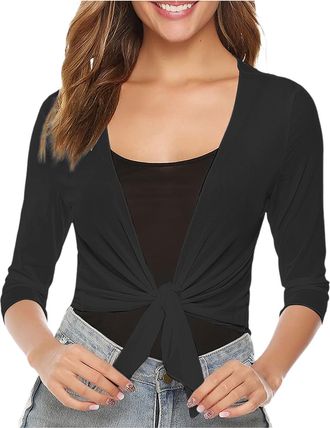 Generic 3/4 Sleeve Summer Cardigans Lightweight Draped Loose Shawl Blouse Casual Open Front Ruffle Cardigans Solid Small Shawl Top Cardigan Short Sleeve Breat