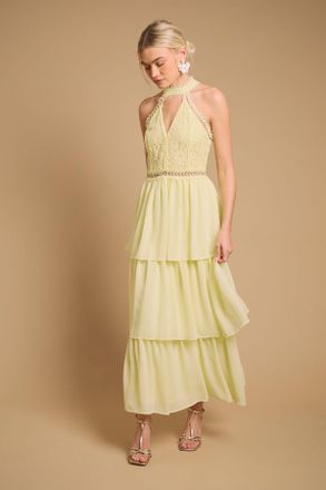 Oasis Womens Lace Tiered Halter Neck Midi Dress - Yellow - Size 12 UK