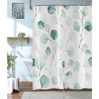 OEM Cortina De Ducha Verde De 180 X 200 Cm Con Hojas, Hojas De Eucalipto Verde Salvia, Cortina De Ducha Con Motivo Bot&aacute;nico De Plantas En Acuarela - Crezu