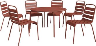 Vente-Unique Comedor de jard&iacute;n de metal - una mesa redonda D.130cm y 6 sillas apilables - Terracota - MIRMANDE de MYLIA