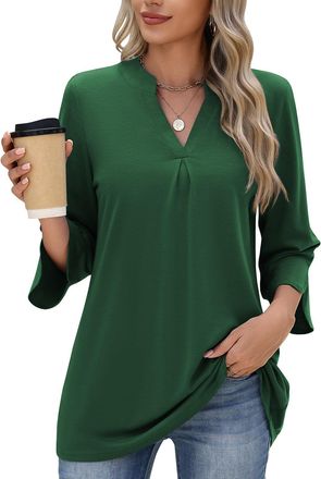 Heekpek PASUDA Womens Blouses 3/4 Length Sleeve Tops V Neck Elegant Striped Shirts Ladies Casual Loose Tunic T Shirts Fashion Dressy Baggy Business Polo Top(D