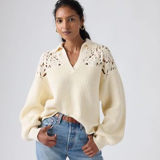 Levi's Bianca Crochet Polo Sweater - Womens - XS - Beige / Tofu Cotton