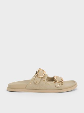 Charles & Keith Studded Buckled Double-Strap Slides
