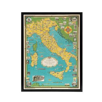 Artery8 Chase 1944 Pictorial Map Italy Vatican City Framed Canvas Wall Art Print in Blue | Size: W24 x H32