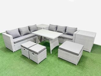 Fimous 9-seater Patio Rectangular Table 3 Seater Sofa Set with 2 Side Tables in Light Grey