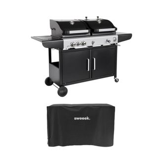 Sweeek Barbacoa 2 en 1 de gas y carb&oacute;n con 3 quemadores, 1 fuego lateral