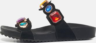 Sophia Webster Black Suede Crystal Embellished Flat Sandals Size 38