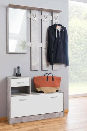 Dmora Mueble De Entrada Con Espejo, Entrada Para Recibidor Con Zapatero, Vaciador De Bolsillo Para Apartamentos Peque&ntilde;os, Cm 100x25h180, Color Blanco Y Ceme