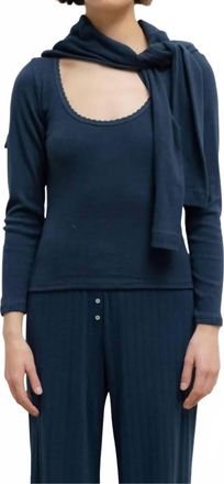 Leset Pointelle Long-Sleeve Scoop Neck Top In Midnight