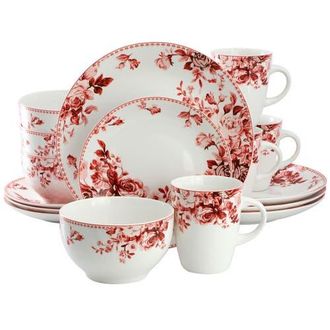 Elama Traditional Rose 16 Piece Stoneware Dinnerware Set in Red at Nordstrom