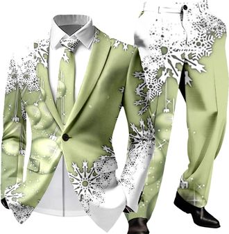 Generic Mens Suits Christmas Cute Cartoon Reindeer Snowflake Color Blovk Printed Coats and Trousers 2 Piece Sets Slim Fit Classic Xmas Holiday Jackets Novelty